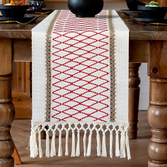 EMMTEEY Macrame Table Runner Boho Style 72 Inches Long, Hexagonal Red | Handmade - Image 5