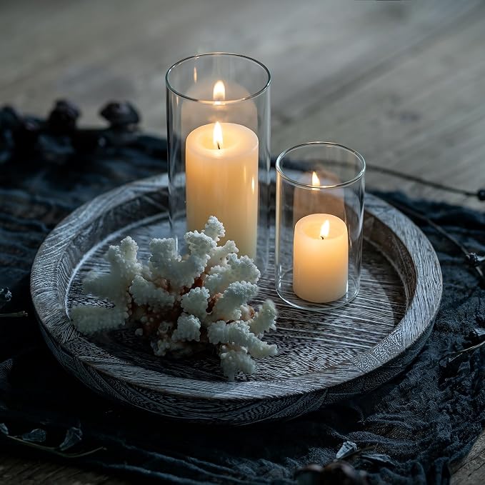 Hanobe Round Wood Candle Holder Tray, Rustic Coffee Table Centerpiece Decor | - Image 2