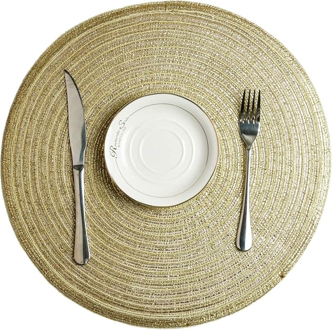 SHACOS Glitter Gold Round Braided Placemats Set of 8 Sparkle Washable 15 inch - Image 3