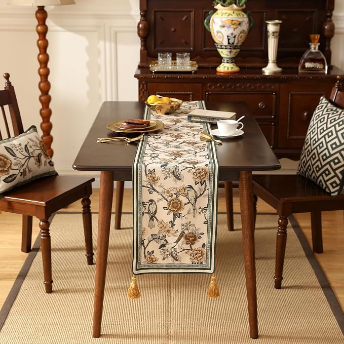 Designer French Linen Table Runner, Floral and Bird Pattern, Dining Table - Image 6