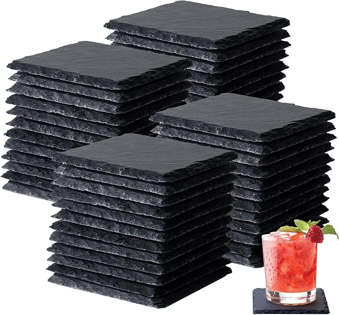 48 PCS Slate Coasters Set, 4 Inch Black Square Stone Coasters Bulk, Laser by Unknown