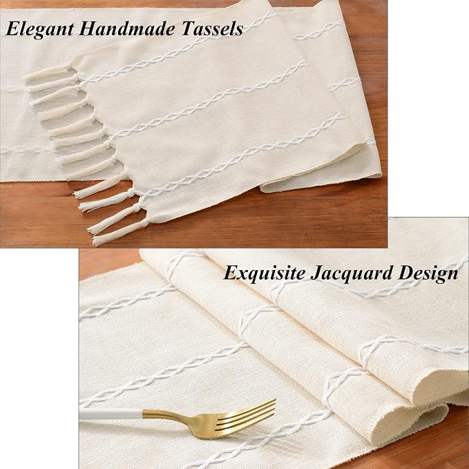 Wracra Rustic Linen Table Runner, Ivory Table Runners 90 inches Long | Raised - Image 2