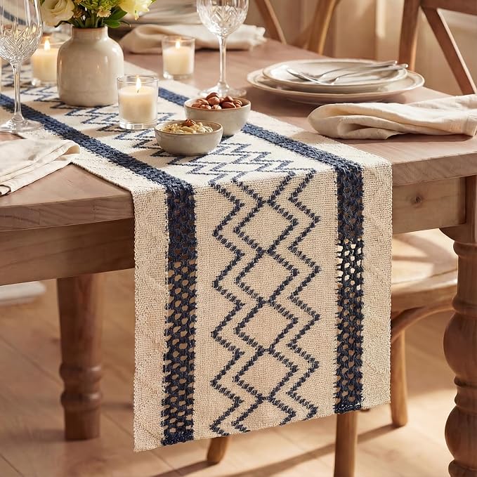 Artoid Mode Dark Blue Stripe Diamond Woven Table Runner 12x48 Inch | Holiday by ArtoidMode