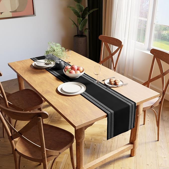 Encasa XO Table Runner, Yarn Dyed Ribbed Cotton 13"x94" | Ladder Black - Image 2