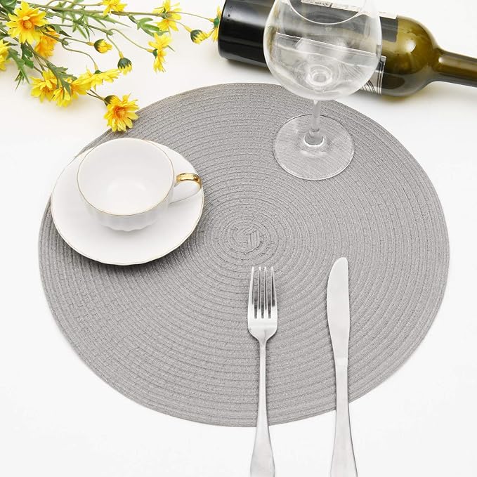 SHACOS Round Braided Placemats Set of 6 Thick Fabric Circle Grey Place Mats - Image 4