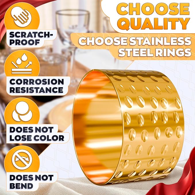8 Pcs Gold Napkin Rings, Hammered Metal, 1.8 x 1.1 Inches | Cloth Napkin Holder - Image 4