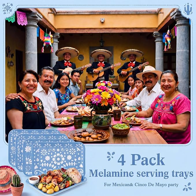 4 Pieces Mexican Serving Trays Blue Fiesta Melamine Platters Reusable Rectangle - Image 7