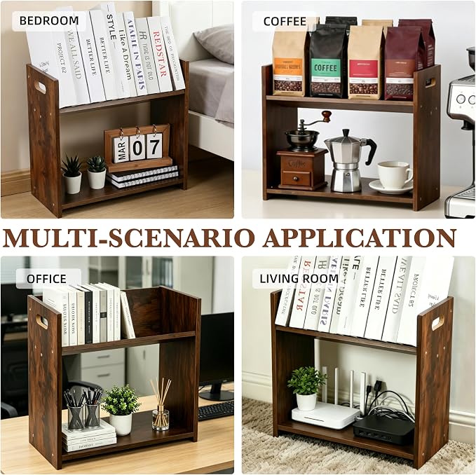 Desktop Bookshelf, 2 Tier Desk Shelf Organizer, Wood Office Tabletop Bookcase - Image 5