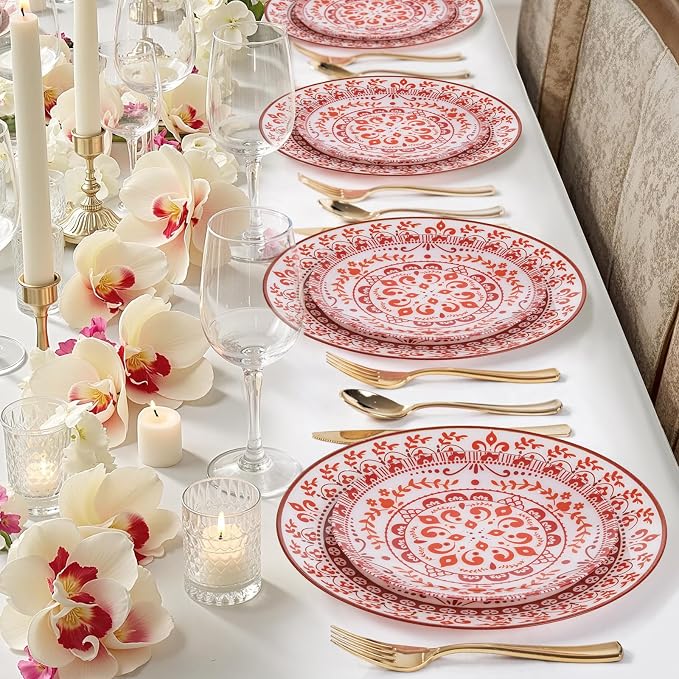 Red Plastic Plates, Floral Disposable Plates, 10.25" dinner & 7.5" dessert - Image 8