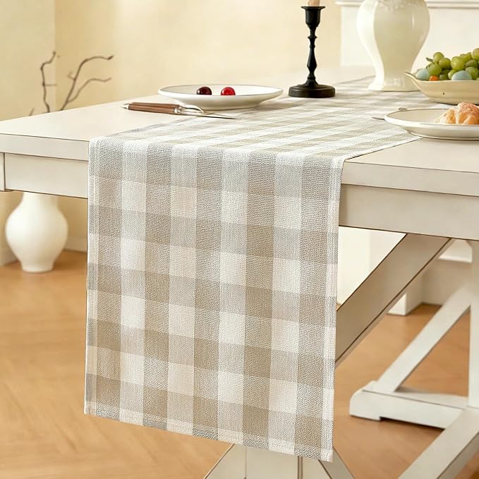 Laolitou Spring Beige Checkered Table Runner, Cotton Linen Gingham Table Runners by Laolitou