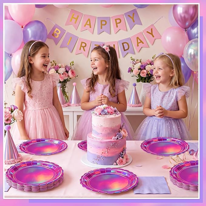 NatNarr 30 Pk Iridescent Pink Plates 9" Holographic Dessert Cake Plates | - Image 4