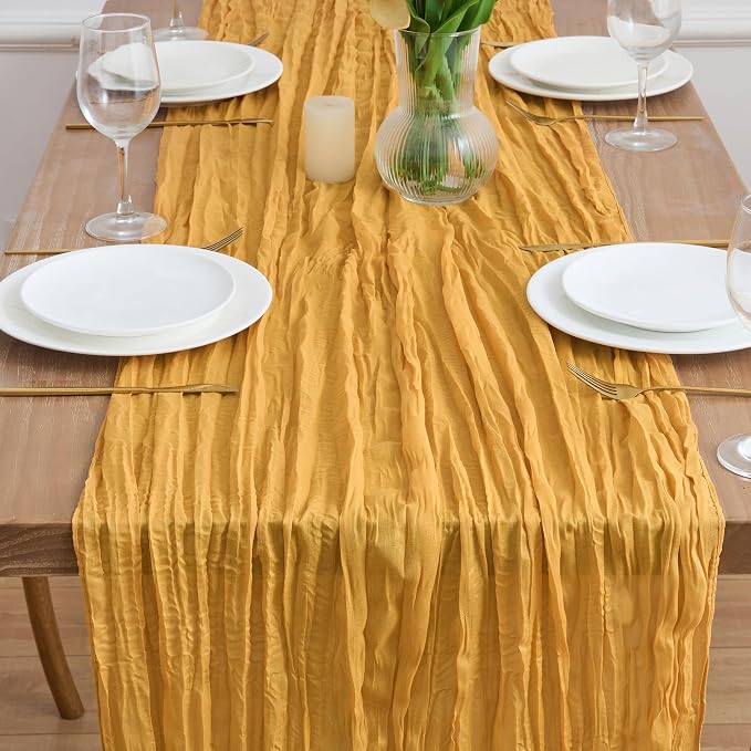 Asee'm 2pcs Gold Yellow Cheesecloth Table Runner Summer 10FT Rustic Gauze | - Image 2