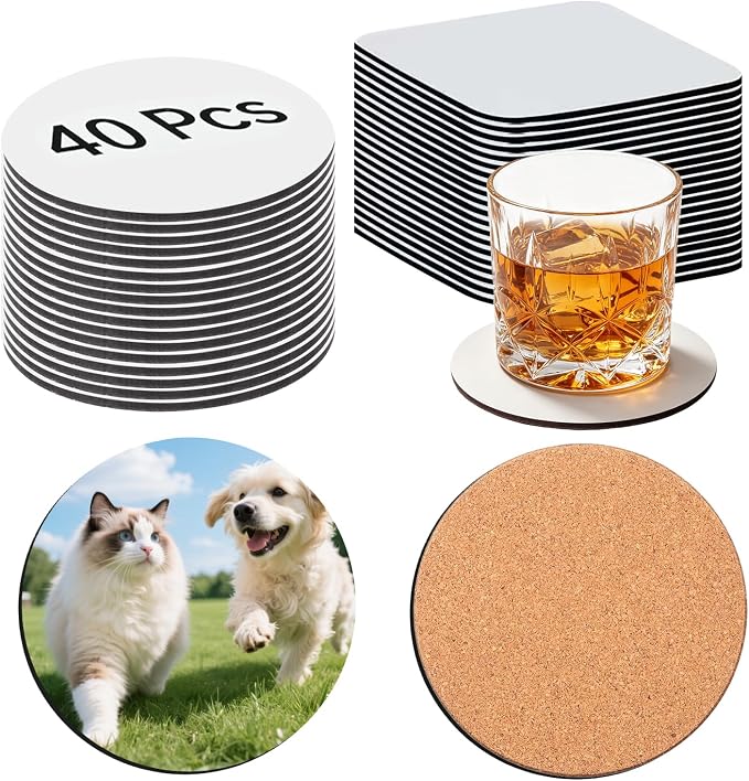 40 Pcs Sublimation Blank Coasters, Heat Transfer Wood Cork Coasters, 20 Round & by Unknown