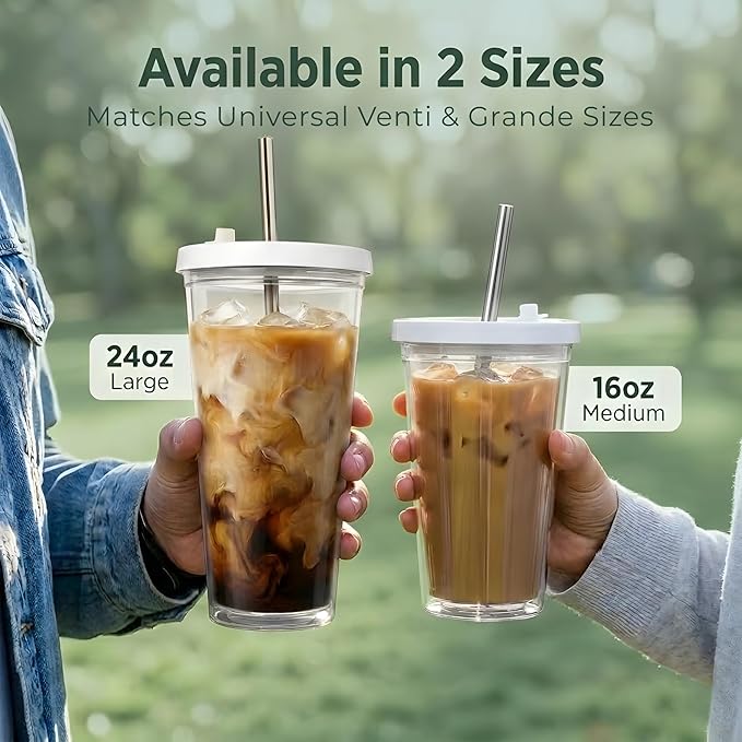 Reusable Iced Coffee Cup with Lid and Straw, 24 oz/Venti, BPA-Free Double-Wall - Image 5