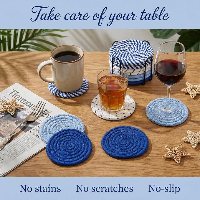 Drink Coasters Set of 8 with Holder, Cotton Woven - Image 3