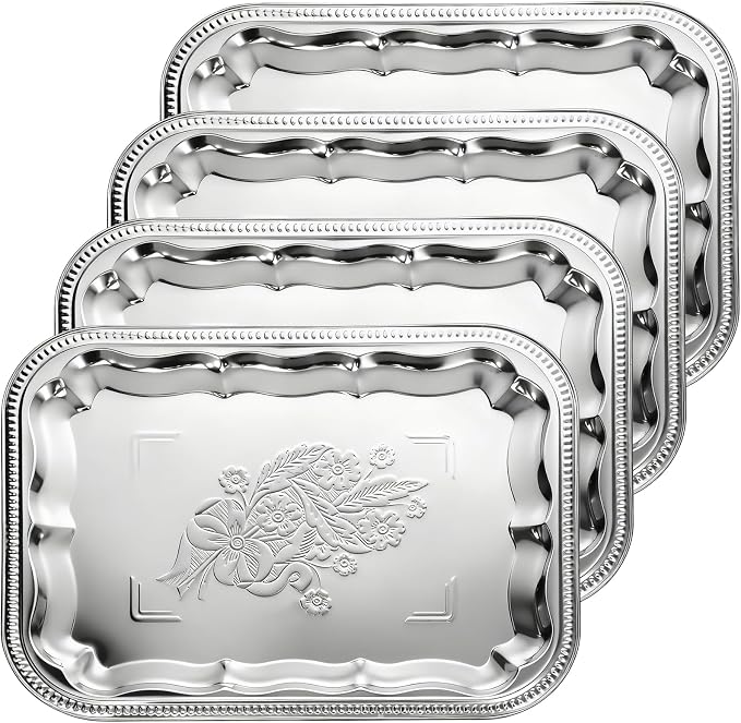 4 Pcs Large Silver Serving Trays, 15.7" x 11.8" Stainless Steel Rectangle by Unknown