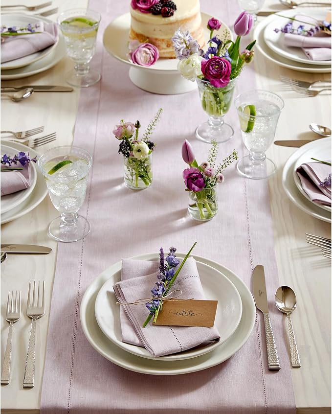 Solino Home 100% Pure Linen Dining Table Runner Lilac Hemstitch, 14 x 36 in | - Image 4