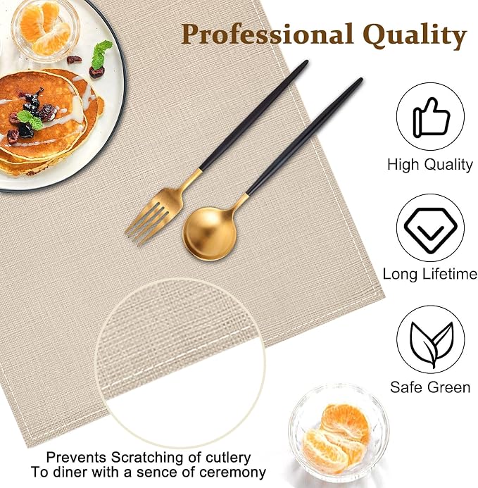 Bloss Beige Placemats Set of 4-12x18 Inch Washable Heat-Resistant Table Mats - Image 4