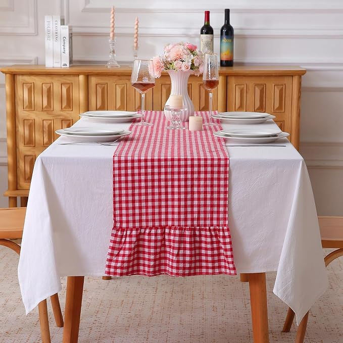 Red White Plaid Gingham Ruffle Table Runner 72 inches Long 100% Washed Cotton by KMASANIJI