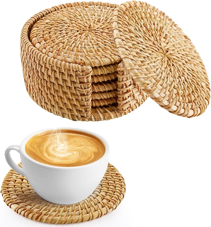 6Pcs Handmade Natural Rattan Coasters Set by ANPHSIN