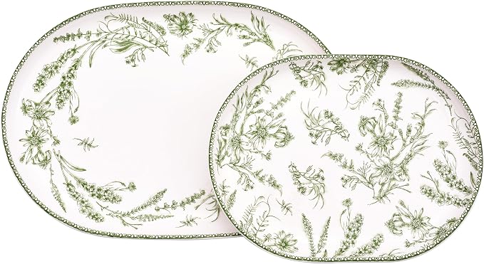 Bico Green Garden Toile De Jouy 16 plus 12 inch Oval Platters Set, Microwave by Bico