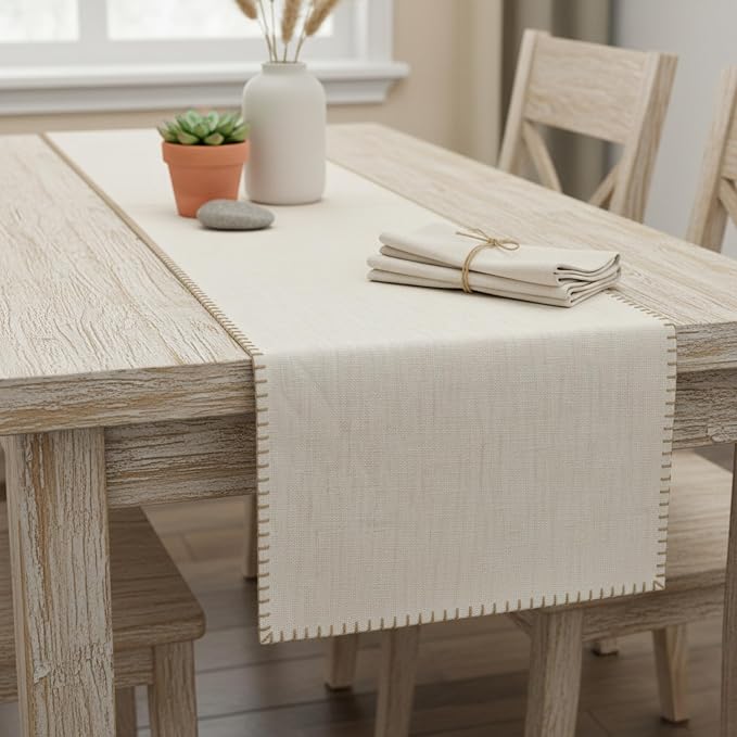 Dining Table Runner with Decorative Stitch at Edge Cotton Short Dresser Scarf - Image 3