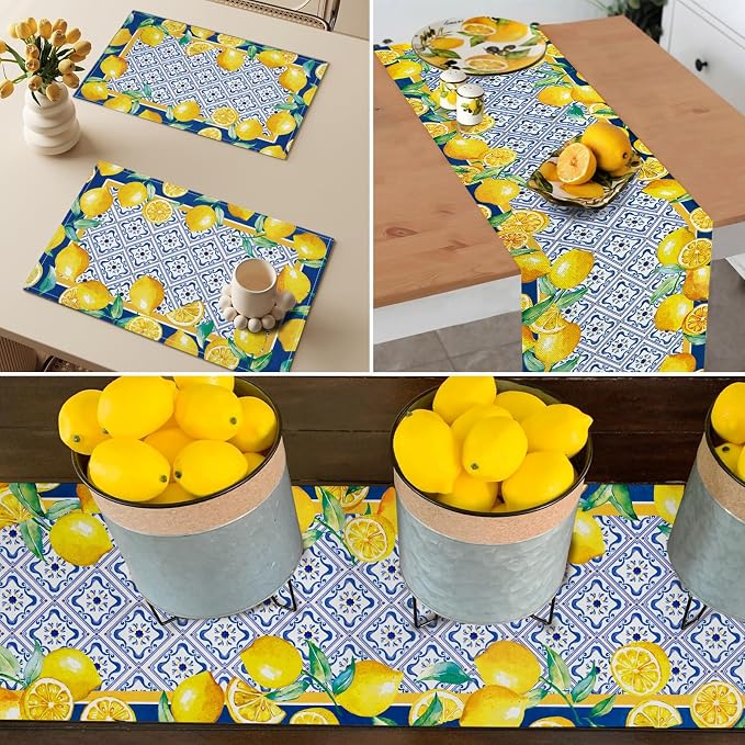Capri Blue Lemon Table Runner Italy Tile Burlap Artificial Yellow Lemon Fruit - Image 3