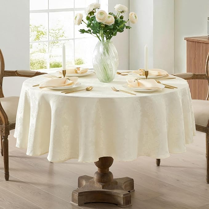 Newbridge Barcelona Luxury Damask Fabric Tablecloth, 108” Round, Antique White - Image 8