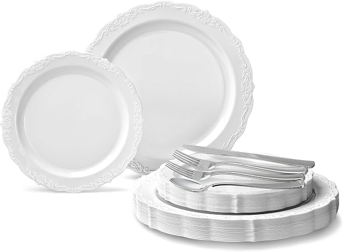 OCCASIONS 150 Pcs White Fancy Disposable Plastic Plates Set by OCCASIONSFINESTPLASTICTABLEWARE