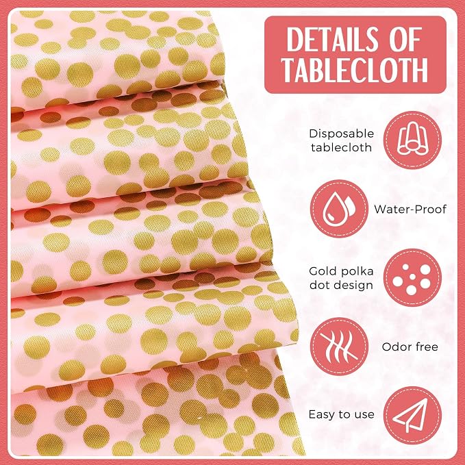 8 Pack Pink and Gold Disposable Plastic Tablecloths and Satin Table Runner Set - Image 3