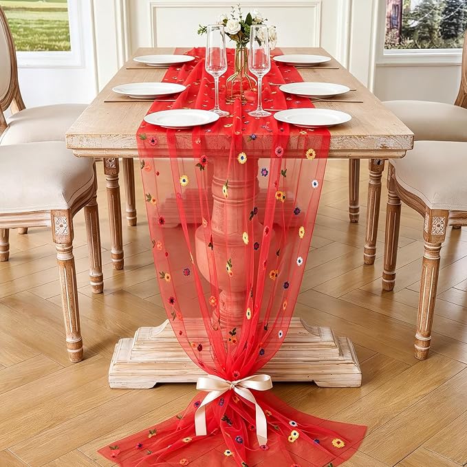 BINBE 1pcs Daisy Spring Table Runner Embroidery Gauze 10FT Florals Seasonal - Image 2