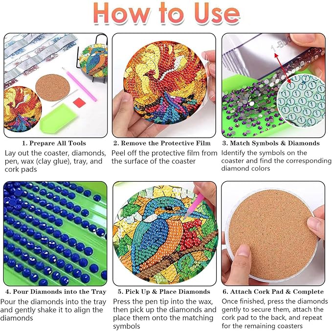 8 PCS Spring Diamond Art Coasters Kits Animals Diamond Painting Coaster | - Image 6