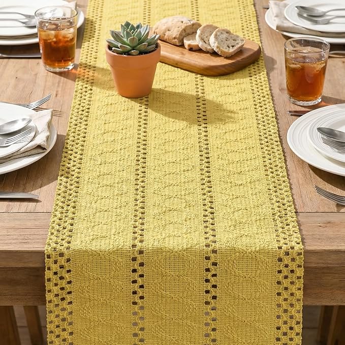 Artoid Mode Yellow Woven Farmhouse Hollow Table Runner 12x108 Inch | Holiday - Image 5