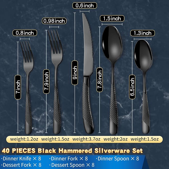 40-Piece Hammered Black Silverware Set - Image 2