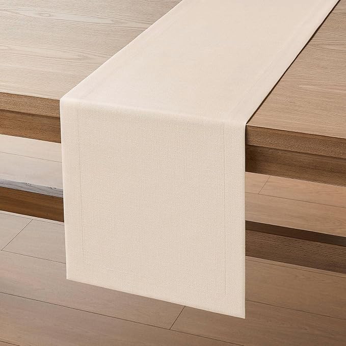Linen Textured Border Table Runner, 14 x 72 Inch Cream | Mitered Corner Design - Image 7