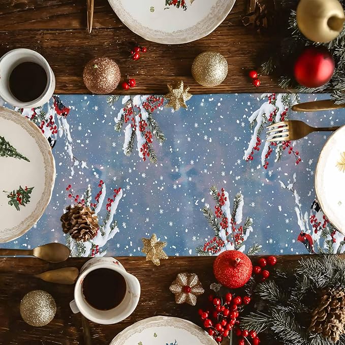 Merry Christmas Table Runner 70 Inches Long, Xmas Trees Snowman Snowflake Table - Image 4