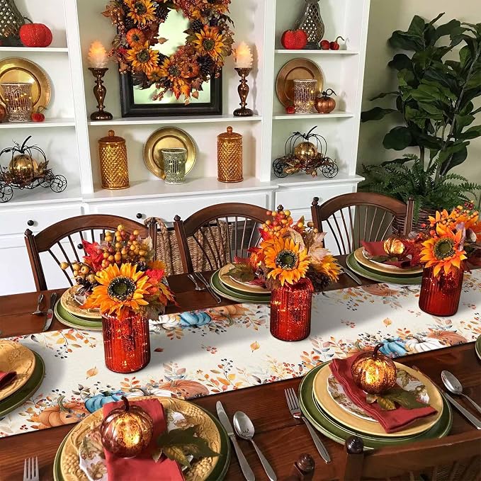 Orange Blue Pumpkin Fall Table Runner 72 Inches Long, Thanksgiving Eucalyptus - Image 6