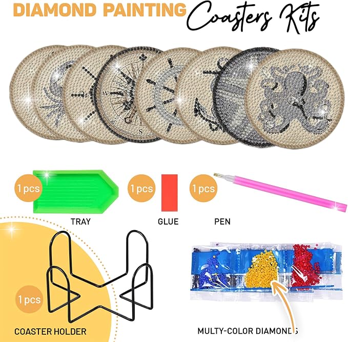8 pcs Diamond Painting Coasters | Diamond Art Coasters | Vintage Nautical - Image 3