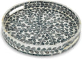 Serving Tray 12.5 Inch, Lacquer Mother of Pearl Inlay Mosaic Tray, Round Wooden by WovenWickerThings