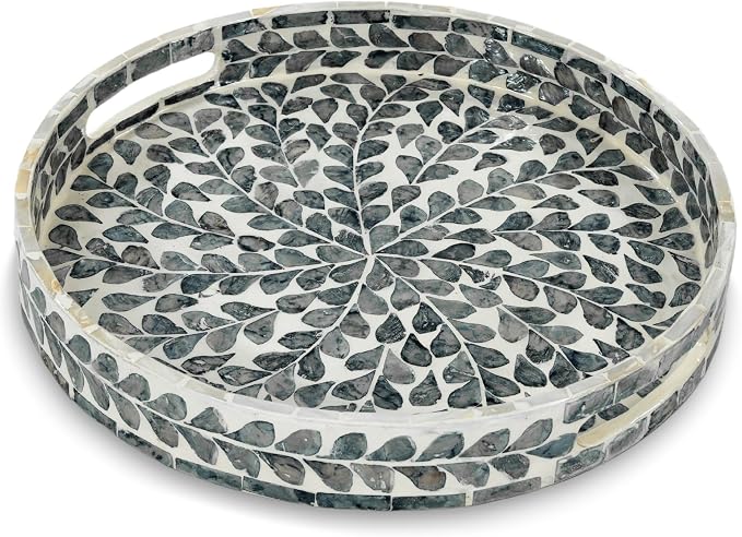 Serving Tray 12.5 Inch, Lacquer Mother of Pearl Inlay Mosaic Tray, Round Wooden by WovenWickerThings