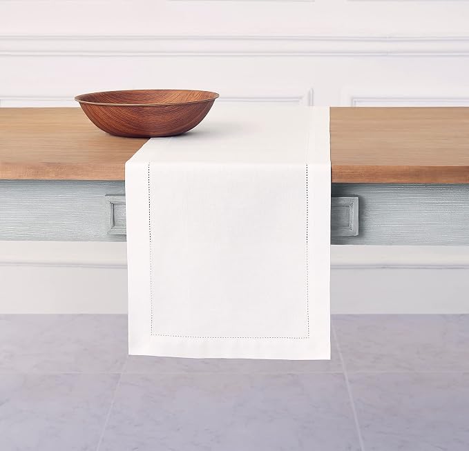 Solino Home Cotton Linen Dining Table Runner White Hemstitch, 14 x 90 in | by SolinoHome