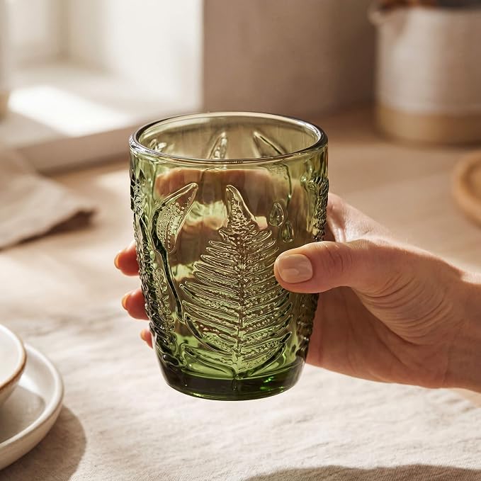 Green Drinking Glasses Set of 8, 10 oz Glass Cups, Vintage Fern Glassware | - Image 2