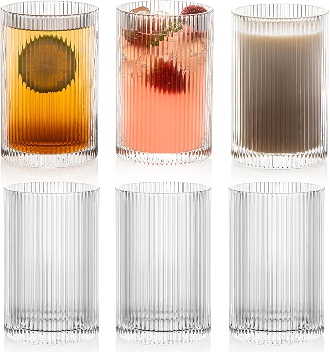 Vintage Ribbed Glassware Set: 6pcs 16.9oz XL Drinking Glasses, Fluted Ripple by Polishyourdreamlightupthefuture