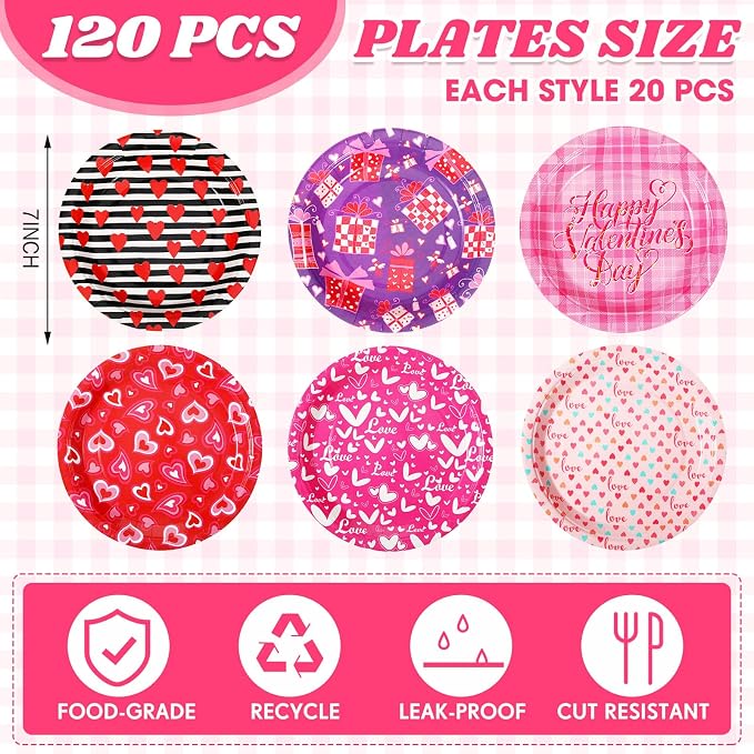 120 Pcs Valentines Party Plates 7 Inch Valentine's Day Paper Plates, Heart - Image 3