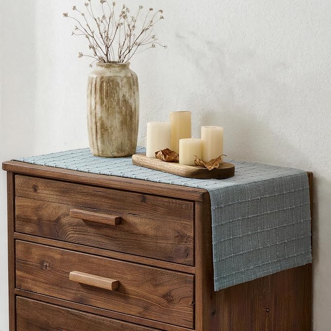 Artisanal Grid Linen Table Runner, 13x60 Inches Chambray | Heavy Textured - Image 3