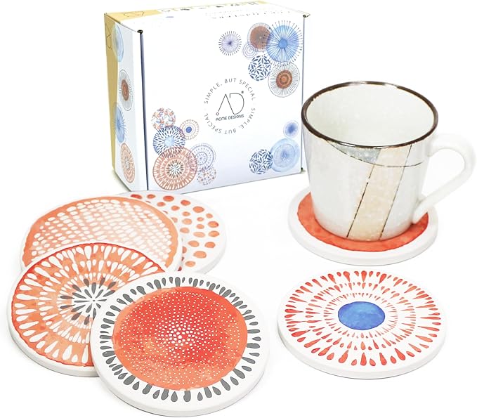 AD Set of 6 Coasters for Drinks Absorbing Round Ceramic Stone Coaster - Image 2