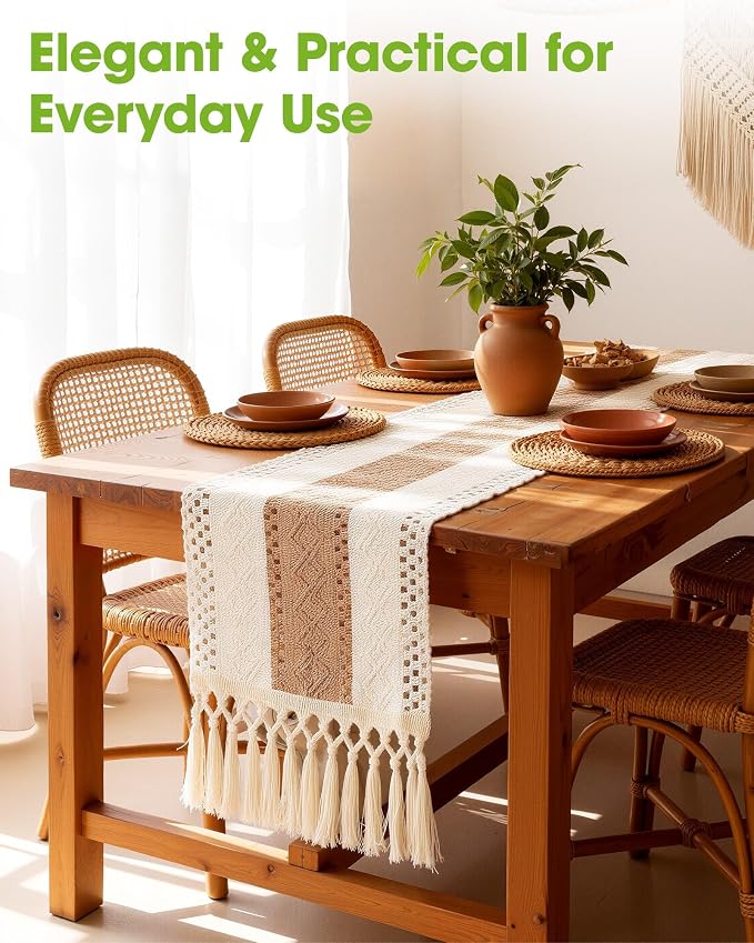Pureegg Boho Table Runner 12 x 90 Inch, Woven Tassel Design | Dining Table - Image 2