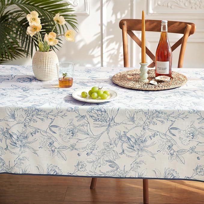 jinchan Blue Floral Linen Rectangle Table Cloth 50 x 84 Inch | Extended table - Image 8