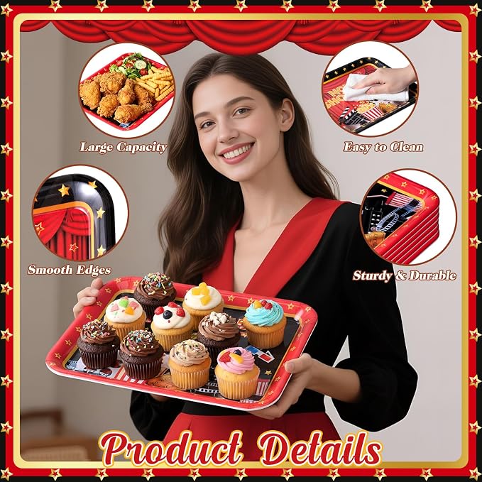 Vesici 4 Pack Movie Night Melamine Serving Trays, 13 x 10 Inch Rectangular - Image 3