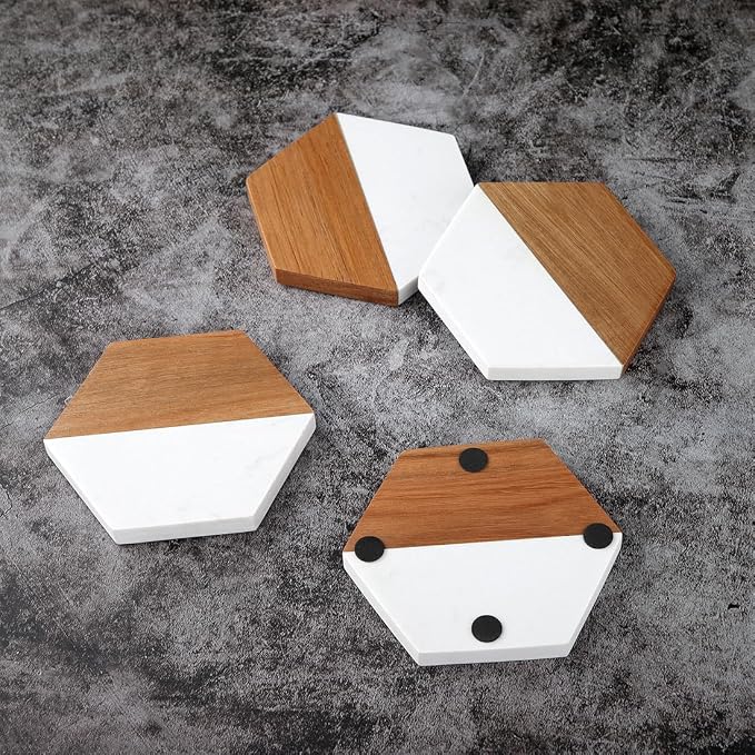 WLWNWFT Wood Marble Coasters for Drinks, Modern Rustic Acacia Hexagon Coaster - Image 2
